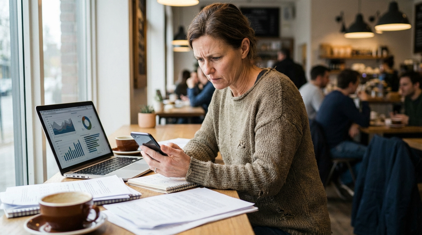 Die Frau sitzt in einem Café und schaut konzentriert auf ihr Handy, während vor ihr ein Laptop mit Diagrammen, Notizbüchern und eine Tasse Kaffee stehen.