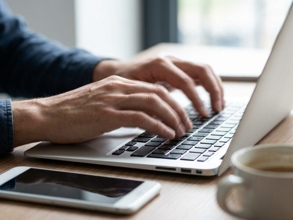Die Aufnahme zeigt eine Person, die auf einer Tastatur eines Laptops tippt, während ein Smartphone und eine Tasse Kaffee auf dem Tisch liegen.