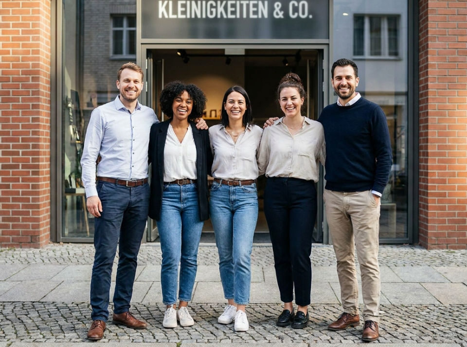 A real photograph of a confident small business team standing together outside their workplace or office entrance, conveying authenticity, approachability, and trust.
