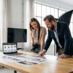 A professional photographer and a small business owner examining a cohesive set of brand photos together in a bright modern studio with natural light.