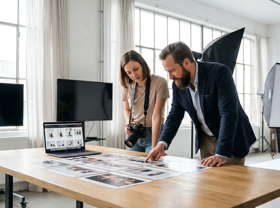 A professional photographer and a small business owner examining a cohesive set of brand photos together in a bright modern studio with natural light.