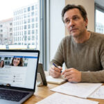 A real photograph of a small business owner at a desk with a laptop and smartphone, looking thoughtfully at a social media profile while planning a clearer online presence.