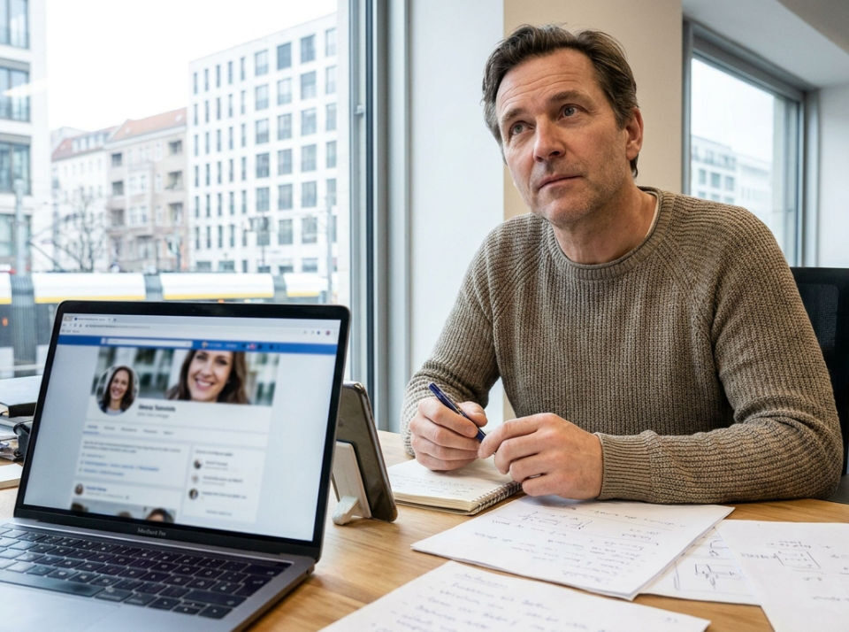 A real photograph of a small business owner at a desk with a laptop and smartphone, looking thoughtfully at a social media profile while planning a clearer online presence.