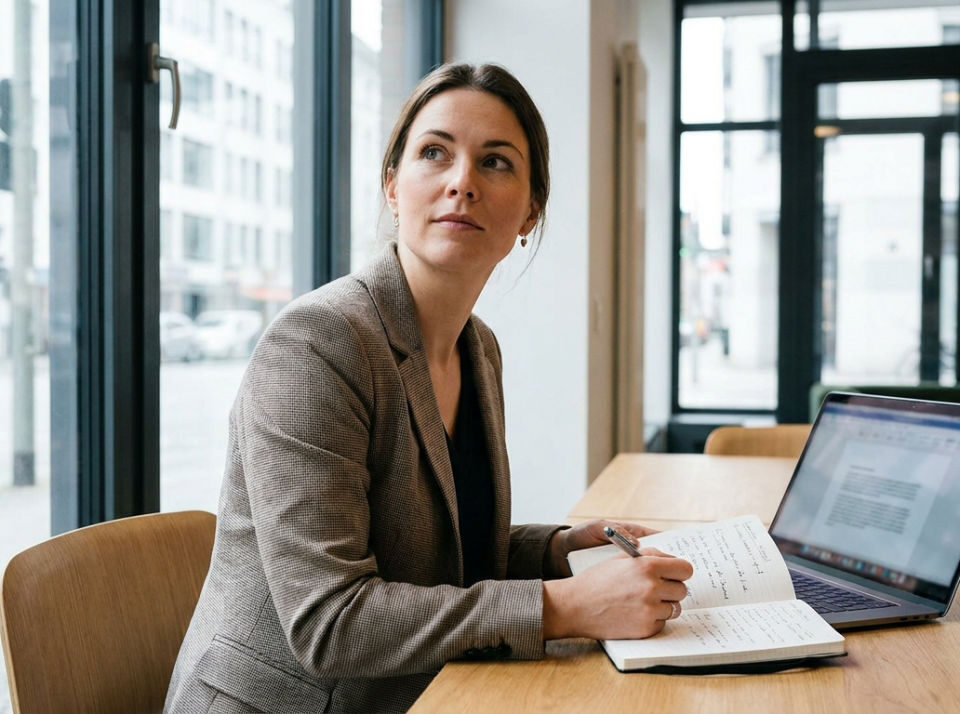 A sharp, natural photograph of a small business owner or marketing professional in a modern workspace, looking thoughtful while reviewing notes about how to communicate the company’s message clearly.