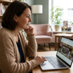 A small-business owner at a laptop in a welcoming local shop, thoughtfully reviewing the business website with the shop interior softly visible behind them.