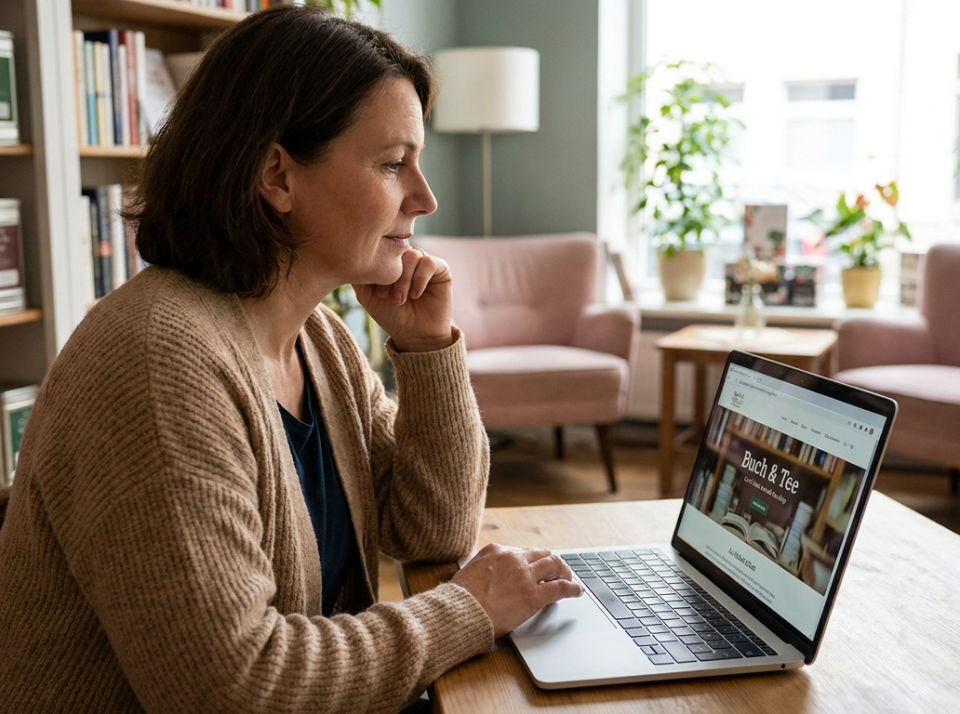A small-business owner at a laptop in a welcoming local shop, thoughtfully reviewing the business website with the shop interior softly visible behind them.