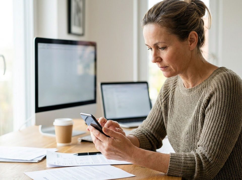 A local business owner carefully checks their company website on a smartphone at a desk, with a computer in the background.